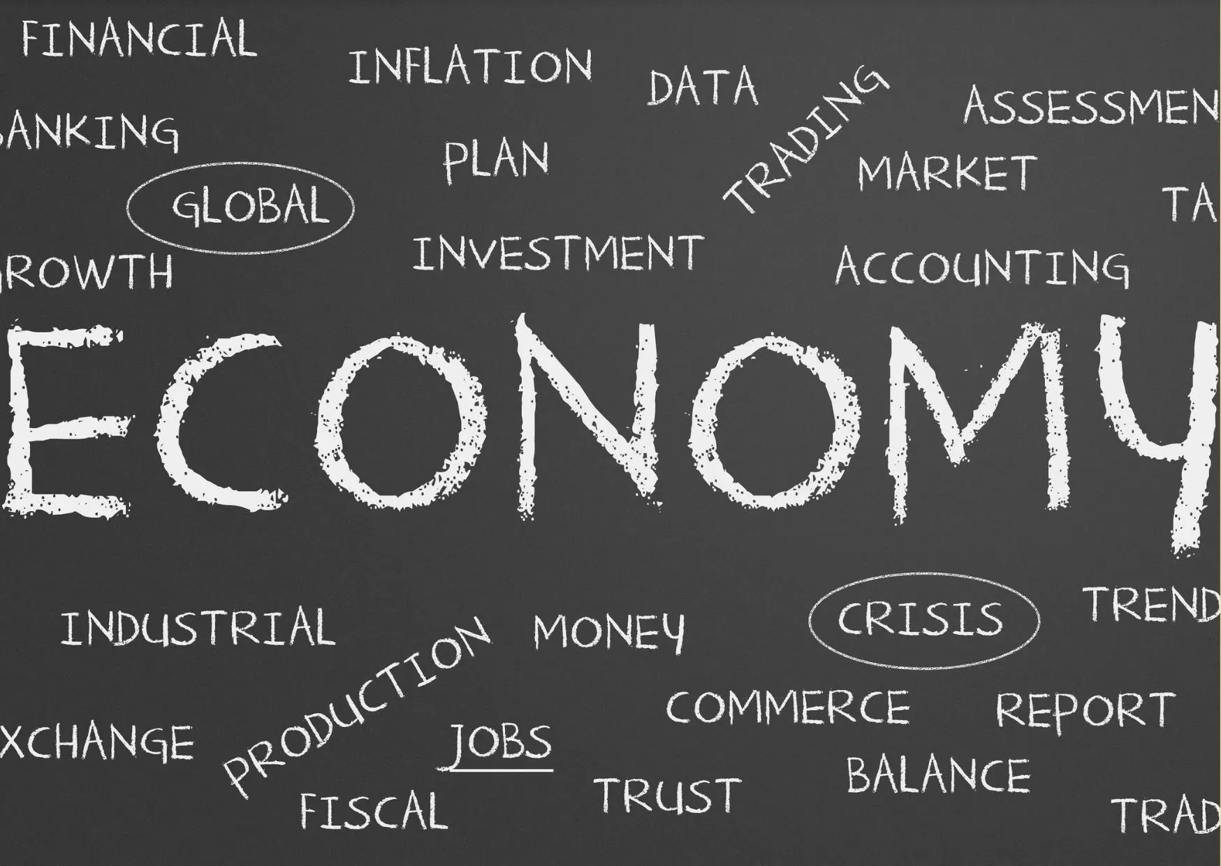 A graphic of a blackboard-like background and the word ECONOMY at the center in chalk with supportive words spread out: Industrial, Production, Jobs, Commerce, Trust, Balance, Report, Exchange, Global, etc.