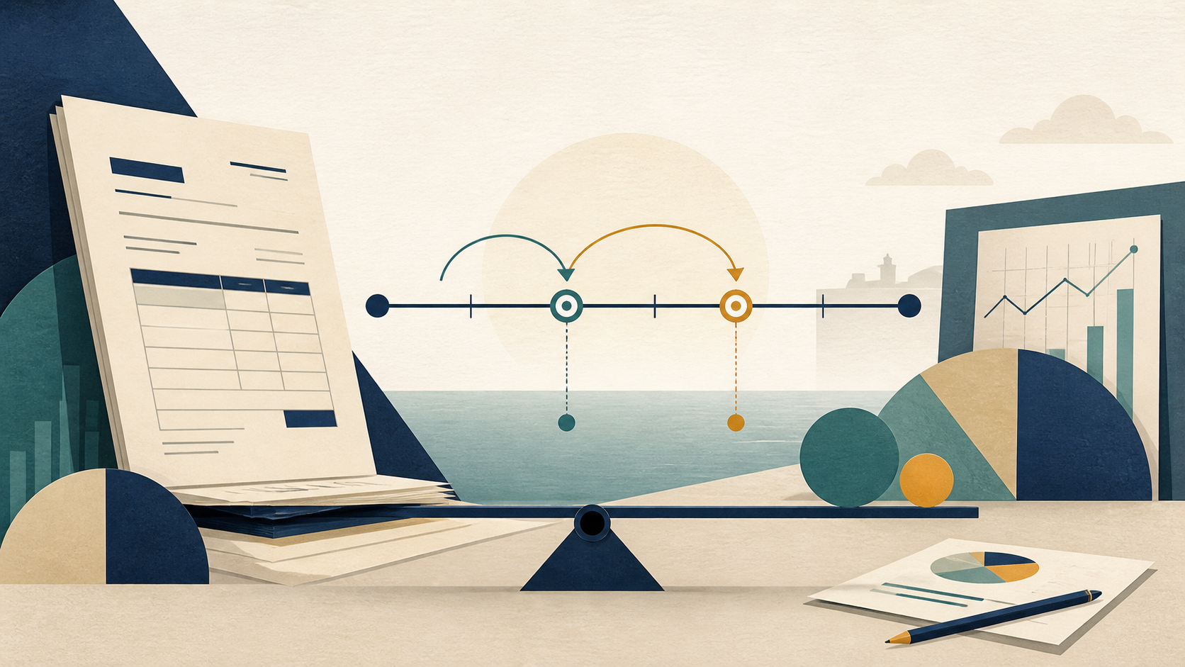 Original editorial illustration of an invoice, payment timeline and liquidity balance.