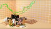 3D illustration of commodities — oil barrels, gold and silver bars, timber, wheat, corn, coffee and cotton — arranged in front of a rising candlestick chart