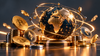 A graphic of a globe with atomic orbs floating around it and giant stacks of Bitcoins placed around the globe