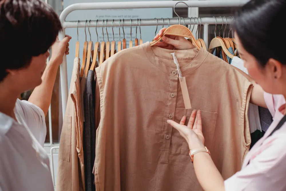 A customer considering price while before buying clothes in a shop.