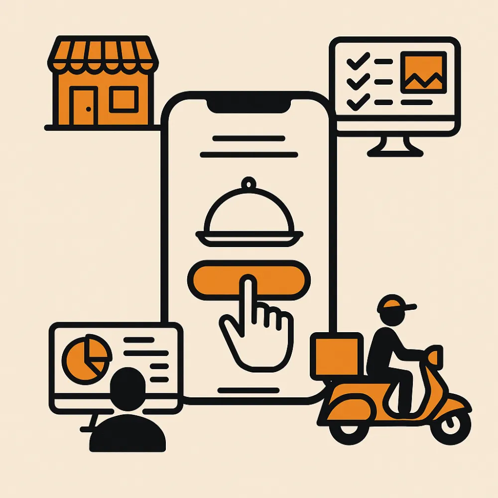 "Minimalist graphic of a food delivery platform with app, restaurant, admin, and delivery scooter icons.