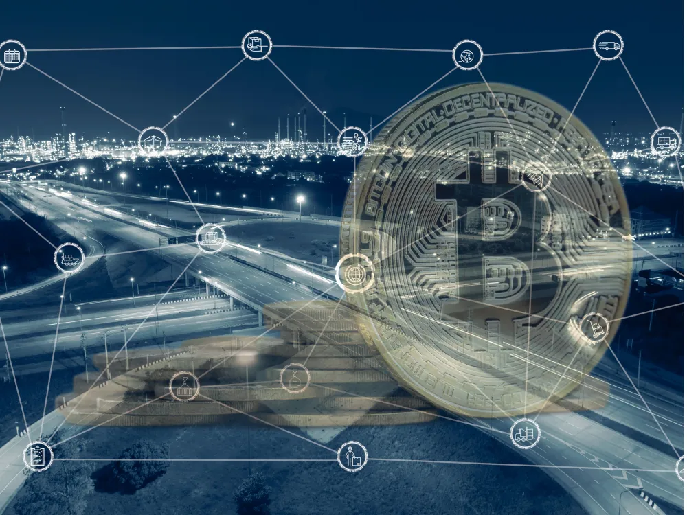 A city skyline at night overlaid with a large Bitcoin symbol and digital icons representing blockchain technology and logistics.