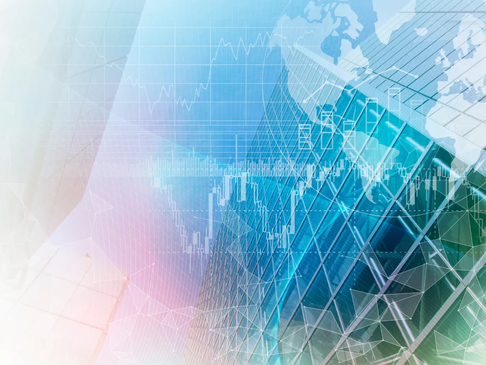Abstract image showing skyscrapers with financial charts and graphs overlayed, symbolizing data analysis and market trends.