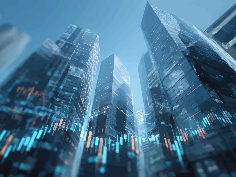 Stylized blue-toned illustration of modern skyscrapers with overlaid financial market candlestick charts, symbolizing digital finance, data-driven markets, and economic analysis.