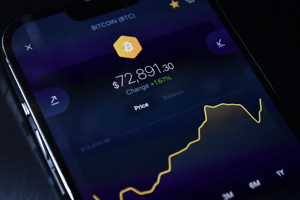 Smartphone screen displaying a Bitcoin (BTC) trading app with live cryptocurrency pricing, market performance data, and an upward-trending price chart.