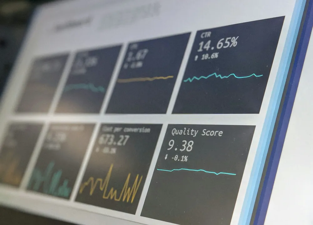 Analytics dashboard displaying performance metrics, conversion rates, and quality scores with line graphs and data visualizations on a computer screen.