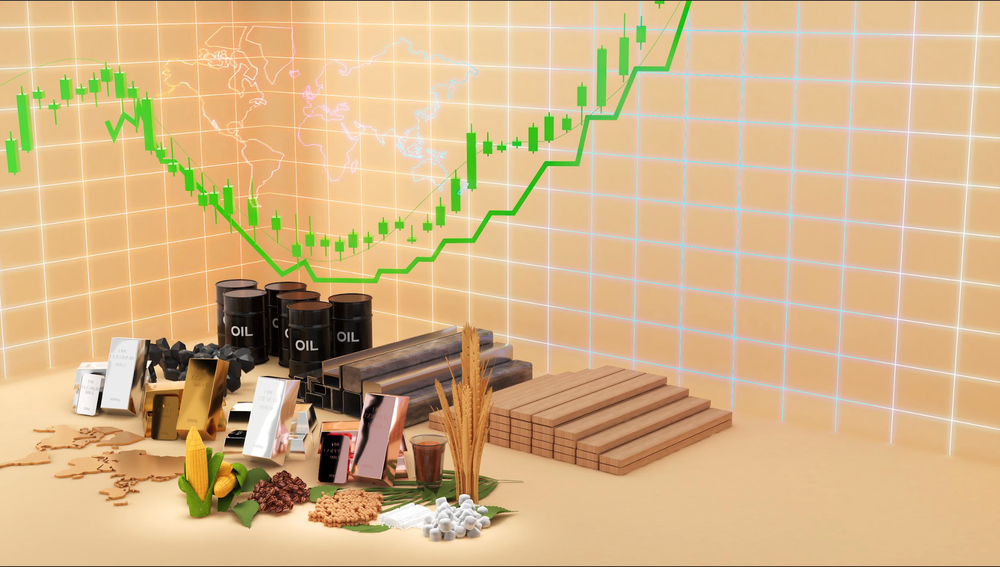3D illustration of commodities — oil barrels, gold and silver bars, timber, wheat, corn, coffee and cotton — arranged in front of a rising candlestick chart