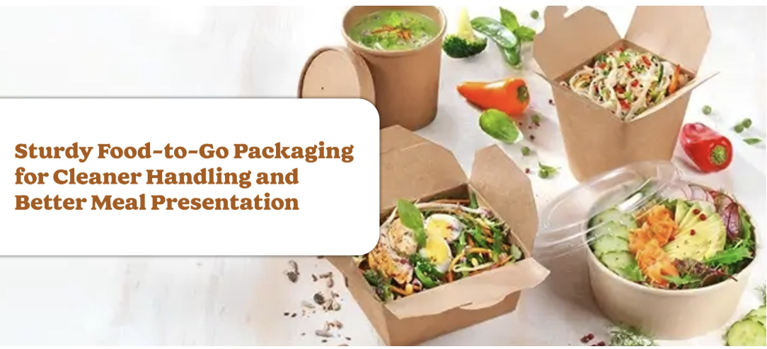 Kraft takeaway cartons, cups and bowls filled with salads and soup, surrounded by fresh vegetables