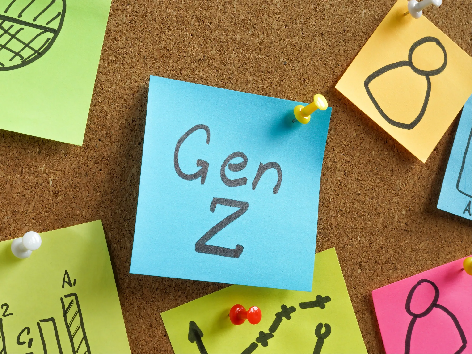 Colorful sticky notes on a corkboard, featuring the phrase "Gen Z" prominently on a blue note amidst various doodles and graphs.