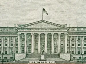 Illustration of the U.S. Treasury building, featuring a grand facade with columns, steps, and an American flag waving above.