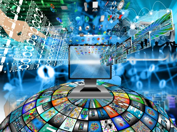 A computer screen surrounded by floating icons and digital images, symbolizing the vast expanse of information and technology.