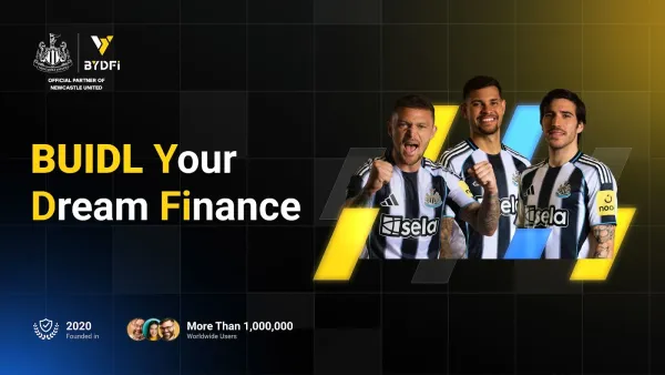 Newcastle United branding alongside BYDFi, promoting financial services with the slogan "BUIDL Your Dream Finance" and user statistics.
