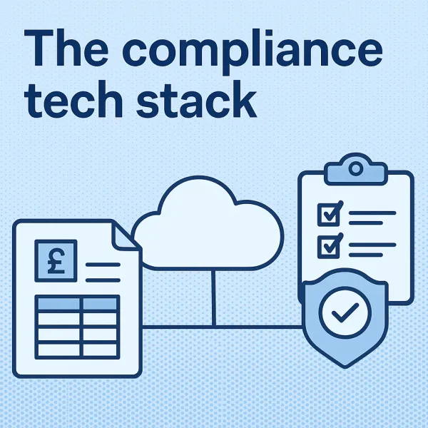 Graphic illustrating "The Compliance Tech Stack" with icons of a document, cloud, checklist, and shield symbolizing data management and security.