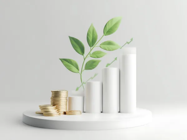 A stack of gold coins and a rising white bar chart with green leaves sprouting from it, symbolizing financial growth, sustainability, and eco-friendly investment.