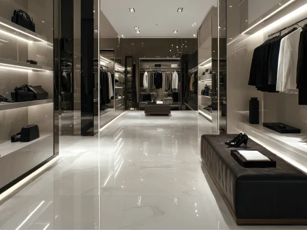 A modern, sleek boutique interior featuring white marble floors, stylish clothing displays, and minimalist black furniture.