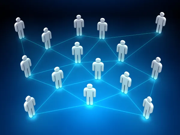 A network of stylized human figures connected by blue lines on a gradient background, representing social connections or teamwork.