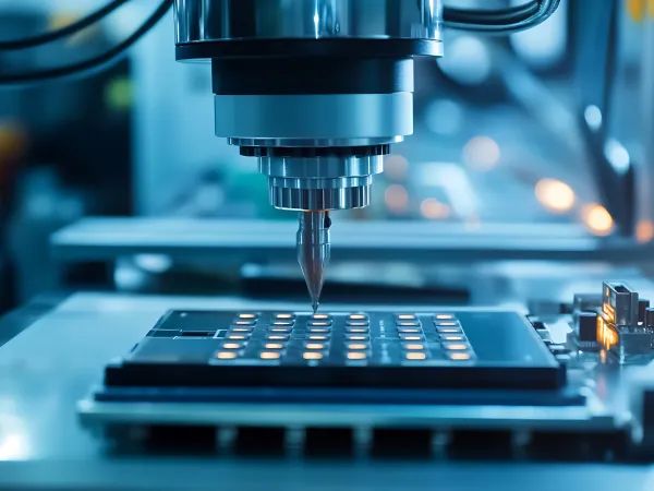 A precision robotic arm hovers over a circuit board with illuminated buttons, showcasing advanced technology in a manufacturing environment.
