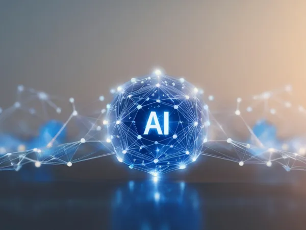 A glowing blue sphere labeled "AI" connected by digital lines, symbolizing artificial intelligence and network connections.
