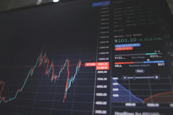 Bitcoin trading chart on a digital market platform showing price movements and technical analysis data.