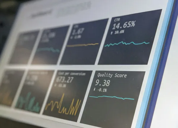 Analytics dashboard displaying performance metrics, conversion rates, and quality scores with line graphs and data visualizations on a computer screen.
