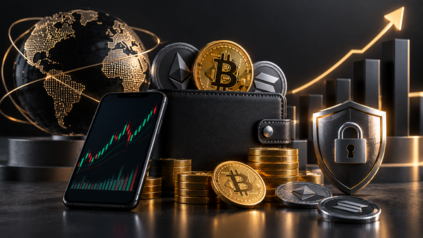 Bitcoin, Ethereum and Solana coins stacked beside a wallet, a phone showing a rising price chart, a globe and a padlock shield
