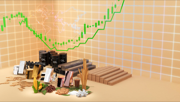 3D illustration of commodities — oil barrels, gold and silver bars, timber, wheat, corn, coffee and cotton — arranged in front of a rising candlestick chart