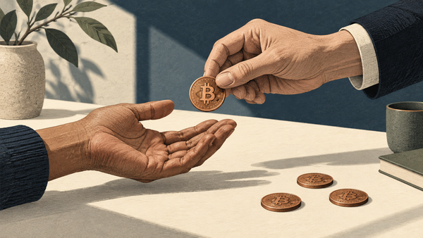 Two adult hands exchanging a Bitcoin token above a table