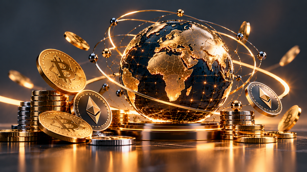 A graphic of a globe with atomic orbs floating around it and giant stacks of Bitcoins placed around the globe